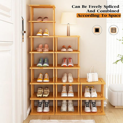 SAN HE Bamboo Shoe Rack 5Tier- Vertical Shoe Rack for Small Spaces, Tall Narrow Shoe Rack Organizer for Closet Entryway Corner Garage and Bedroom,Skinny Shoe Shelf with Free Stackable DIY