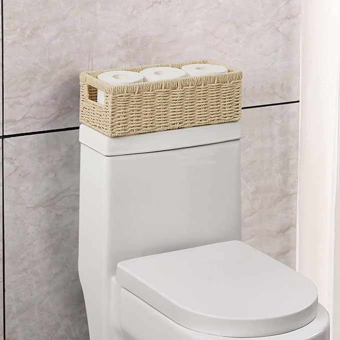 Vagusicc Wicker Storage Basket, Paper Rope Wicker Baskets with Handles, Toilet Paper Basket for Toilet Tank Top, Small Wicke Baskets for Organizing Shelves, 2-Pack, Begie