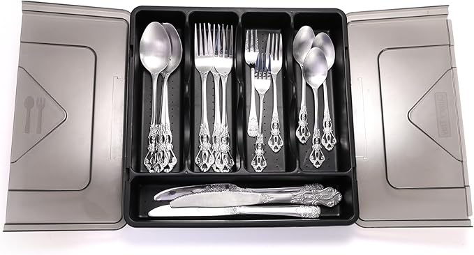 Dicunoy Silverware Organizer with Lid, Covered Utensil Drawer Organizer Tray for Kitchen, 5 Compartments Plastic Black Cutlery Flatware Storage Box for Spoons Forks Knives, Office, RV, Countertop