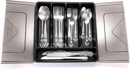 Dicunoy Silverware Organizer with Lid, Covered Utensil Drawer Organizer Tray for Kitchen, 5 Compartments Plastic Black Cutlery Flatware Storage Box for Spoons Forks Knives, Office, RV, Countertop