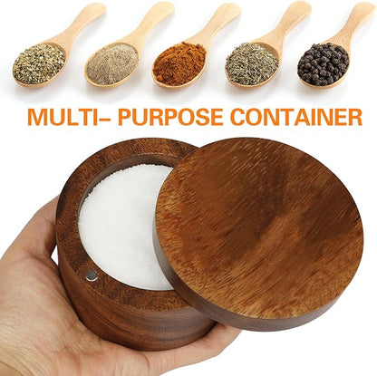 Acacia Wood Salt Cellar Bowl Box, Elegant Salt Container with Swivel Magnetic Lid for Keeping Table Salt, Bath Salt, Sea Salt, Peppers, Herbs or seasonings, One piece Wood No Glue