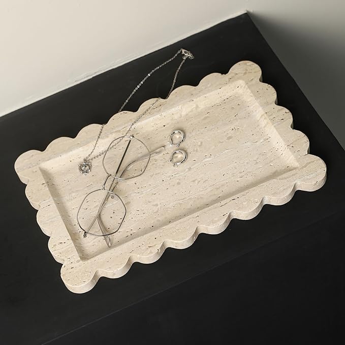Natural 100% Marble Vanity Tray Luxury Scalloped Marble Storage Rectangle Italian Travertine Tray for Home Decor Stone Tray for Bathroom/Kitchen/Candle Key (Rectangle-11.8 * 7.4-Beige Travertine)