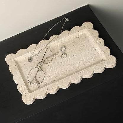 Natural 100% Marble Vanity Tray Luxury Scalloped Marble Storage Rectangle Italian Travertine Tray for Home Decor Stone Tray for Bathroom/Kitchen/Candle Key (Rectangle-11.8 * 7.4-Beige Travertine)