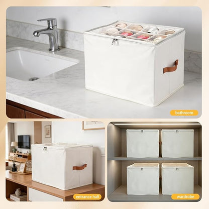 VZZNN 4 Pack Shoe Organizer for Closet - with Transparent Cover and Sturdy Handles shoe storage - Foldable Shoe Storage Containers Fits to 36-48 Pairs 4 Pack (Beige)