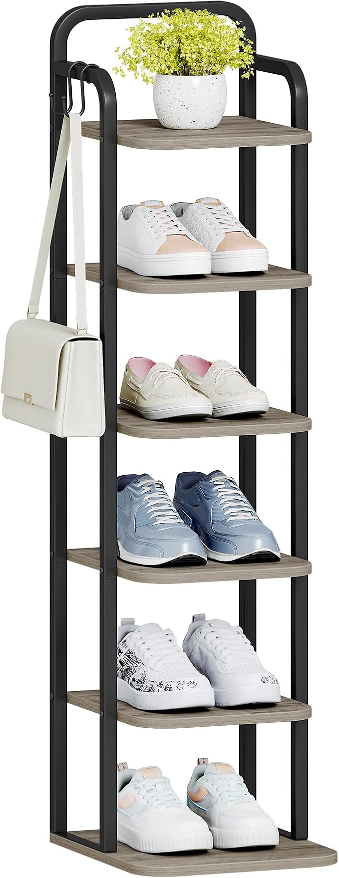 Hzuaneri 6 Tiers Vertical Shoe Rack, Narrow Shoe Tower, Tall Shoes Shelf with 2 Hooks, Adjustable Shelves, Corner Shoes Shelves for Small Spaces, Entryway, Living Room, Greige, SR04205B