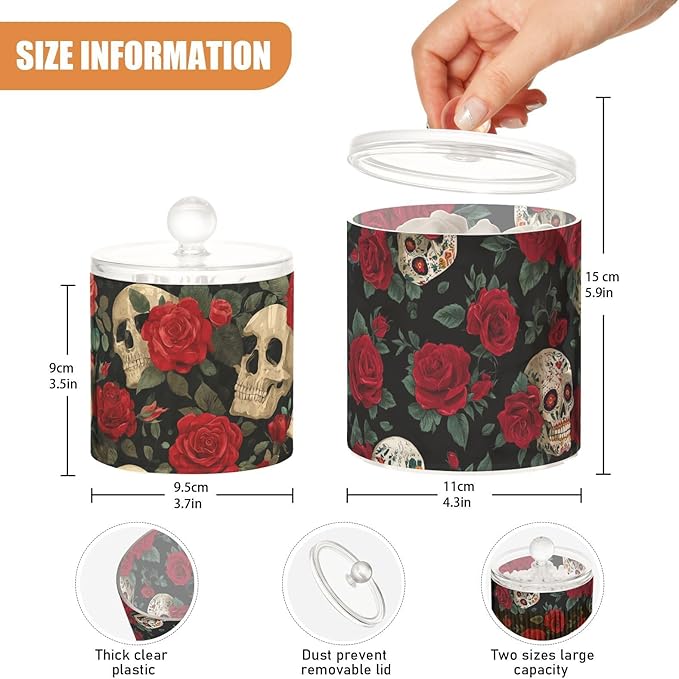 2 Pack Qtip Dispenser Apothecary Jars with Lids Cotton Round Holder Bathroom Canisters for Cotton Swab Floss Ball Pads Clear Plastic Decorative Black Mexico Skull Rose