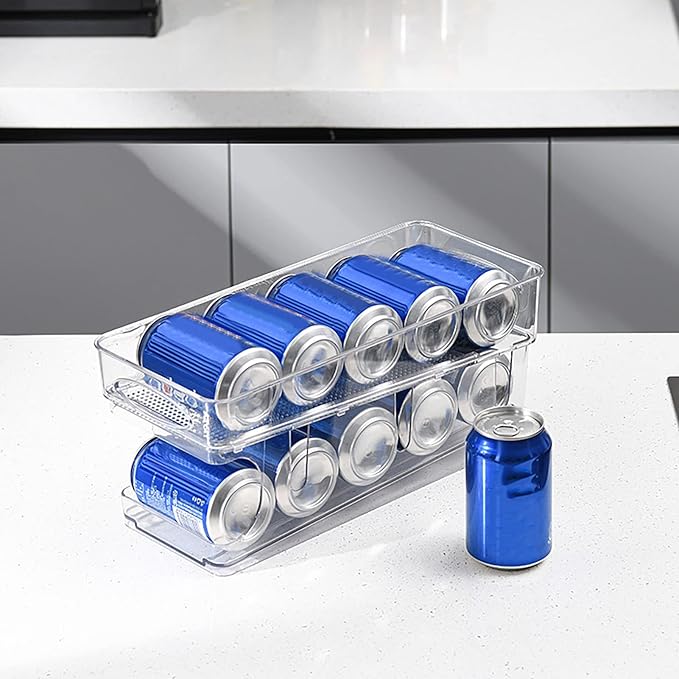 Refrigerator Organizer Bins, Automatic Rolling Transparent Beverage Can Storage, Refrigerator Storage Box, Double Layer Clear Plastic Container, Refrigerator Beverage Can Storage Organizer
