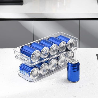 Refrigerator Organizer Bins, Automatic Rolling Transparent Beverage Can Storage, Refrigerator Storage Box, Double Layer Clear Plastic Container, Refrigerator Beverage Can Storage Organizer