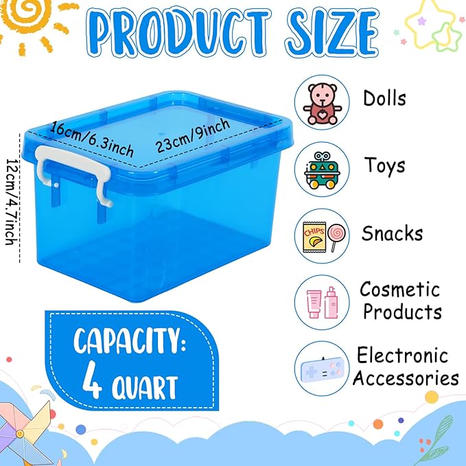 6 Pack 4 Quart Colorful Plastic Storage Bins with Lids Stackable Storage Bins with Latching Lids Handle Clear Colored Storage Organizer Bins for Home Office Pantry Containers(Blue)