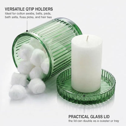 2 Pack Qtip Holder - Apothecary Jars with Lids, Bathroom Organizers and Storage Canister for Cotton Balls,Swabs,Floss Picks,Hair Ties,Clear Glass Vintage Bathroom Decor Jar Set (Green)