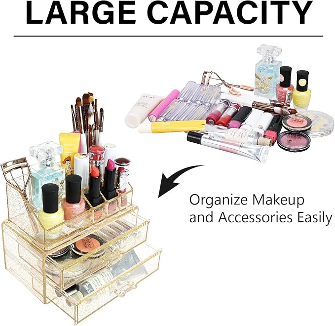 Ikee Design Acrylic Makeup Organizer with 2 Drawers Removable Top Lipstick Holders, Cosmetics Organizer for Skincare, Accessories, Lip Gloss for Vanity or Bathroom Countertop, Gold Glitter