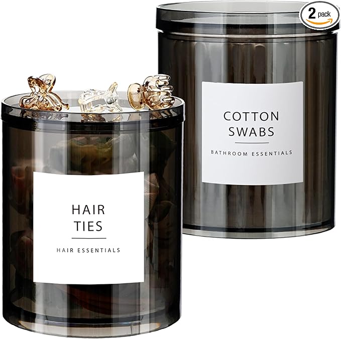 SheeChung 2-Pack Stackable Qtip Holder - 10oz Compact Black Apothecary Jars with Multifunctional Lids - Small Bathroom Vanity Organizer for Cotton Swabs, Balls, Floss Picks - Translucent Black