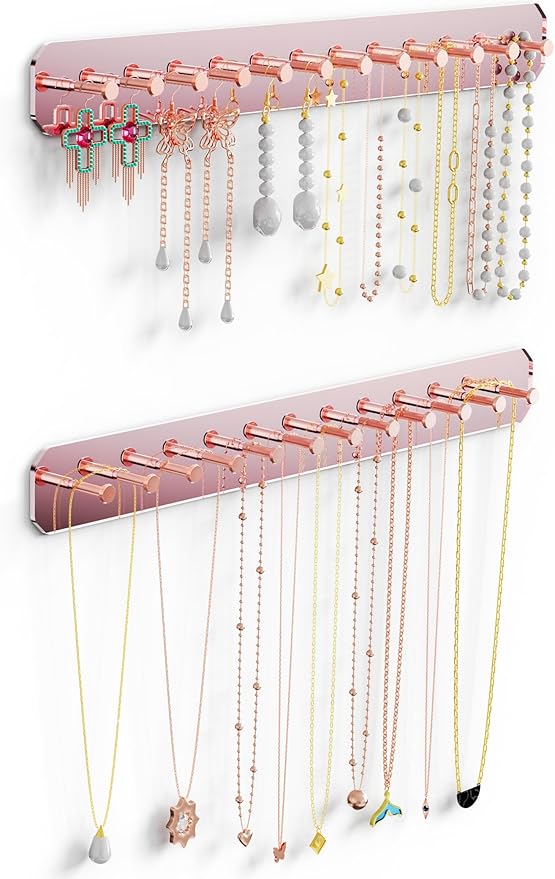 NiHome Wall Mount Acrylic Jewelry Organizer 2-Pack, Sleek Rack Strong Carbon Steel Hooks for Dressing Table, Bathroom, Kitchen, Hassle-Free Installation Dual Mounting Options (Rose Gold Mirror Finish)
