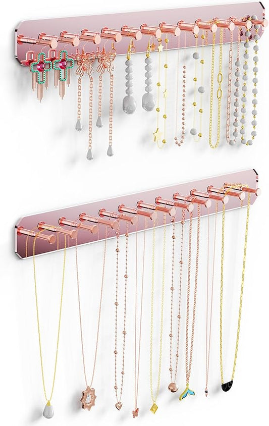 NiHome Wall Mount Acrylic Jewelry Organizer 2-Pack, Sleek Rack Strong Carbon Steel Hooks for Dressing Table, Bathroom, Kitchen, Hassle-Free Installation Dual Mounting Options (Rose Gold Mirror Finish)