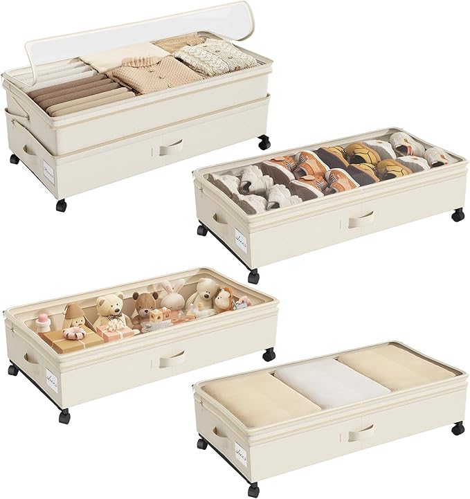 Kitstorack 4 Pack Height-adjustable Under Bed Storage with Wheels, Under Bed Storage Containers,Under Bed Shoe Storage Organizer with Clear Window&Label, Suitable for Clothes Storage, Beige