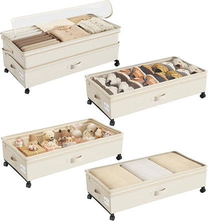 Kitstorack 4 Pack Height-adjustable Under Bed Storage with Wheels, Under Bed Storage Containers,Under Bed Shoe Storage Organizer with Clear Window&Label, Suitable for Clothes Storage, Beige