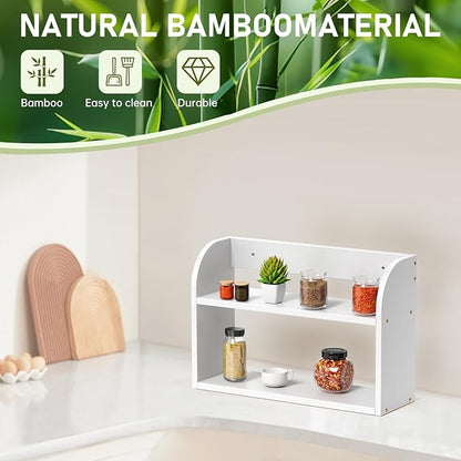 ROMGUAR CRAFT 2 Tier Bamboo Spice Rack, Countertop or Wall Mounting Wood Spice Jars Organizer Shelf for Kitche, Pantry (White)