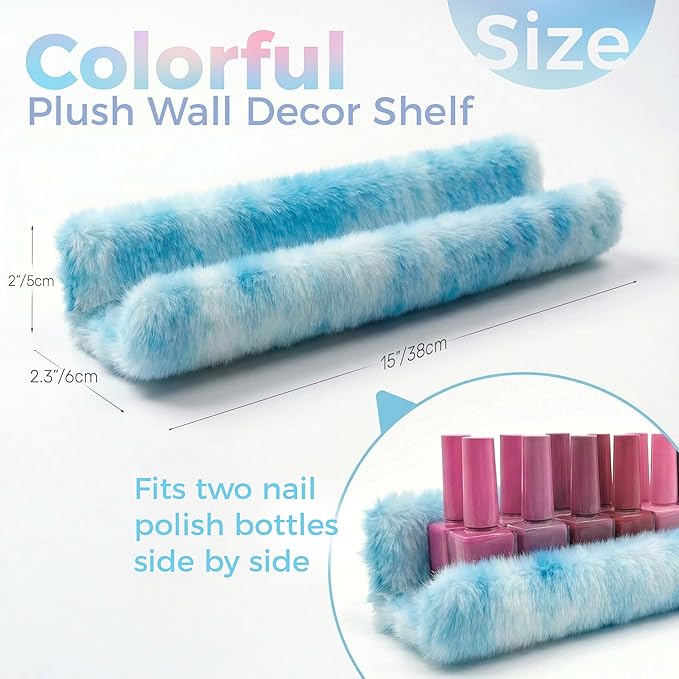 Care&More YJ 15 Inch Nail Polish Shelves, 4-Pack Fuzzy Display Nail Polish Rack for Storing Nail Bottles, Sunglasses, Essential Oils, Plush Soft (Blue)