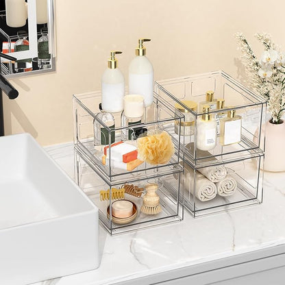 SpaceHacks 2 Pack Stackable Plastic Makeup Organizer Drawers, Acrylic Organizers, Clear Storage Bins with Pull-Out Handles for Vanity, Kitchen Cabinets, Pantry