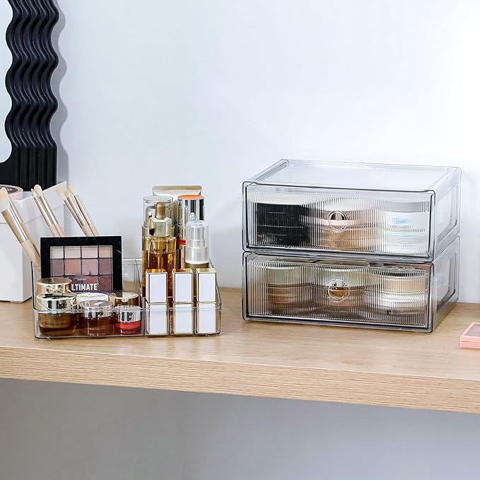 3-Tiers Makeup Organizer with Drawer, Stackable Skincare Storage Box for Vanity and Bathroom, Beauty Essentials, Cosmetic Brushes, Perfume Stand, Large Lipsticks Holder