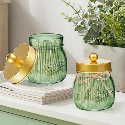 SheeChung Green Glass Qtip Holder Dispenser, Mason Jar Apothecary Jars with Lids, Bathroom Organizers and Storage, Vanity Countertop Canisters Set for Cotton Swab, Ball, Pad, Floss Pick-Gold, 2 Pack
