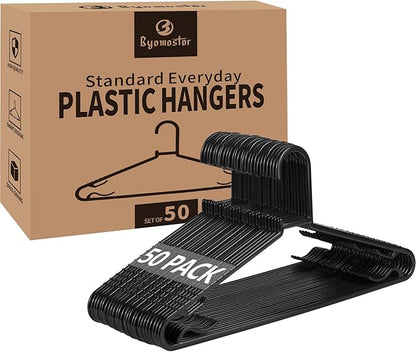 Byomostor Black Plastic Hangers 50 Pack, Light Weight Durable Clothes Hangers G-Shape Standard Size Non-Slip Coat Hanger Adult Clothes Hangers for Laundry & Everyday Use -Slim & Space Saving