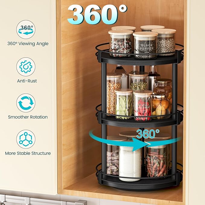 Snughome Lazy Susan Organizer, 3 Tier Rotating Spice Rack for Countertop, Turntable Lazy Susan Kitchen Countertop Organizer, 10.2" x 10.2" x 18.5", Black