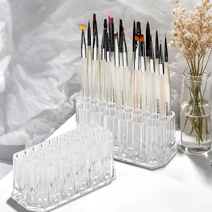 Clear Acrylic Makeup Brush Holder Organizer, 26-Slot Cosmetic Brush & Pen Storage Caddy for Vanity Desk, Bathroom Counter