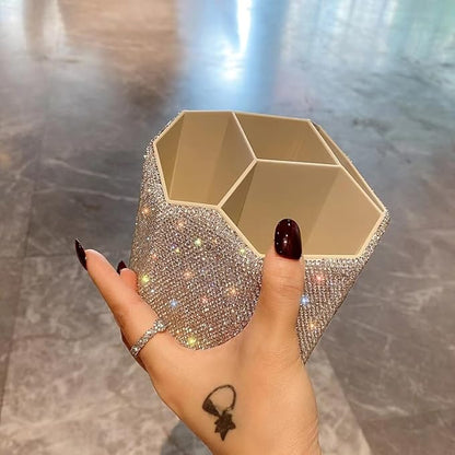 Bling Design Makeup Brush Holder Organizer,360° Rotating Glitter Rhinestones Cosmetics Storage with 5 Slot Large Capacity Makeup Brushes Cup Pen Holder for Vanity,Bathroom Countertops