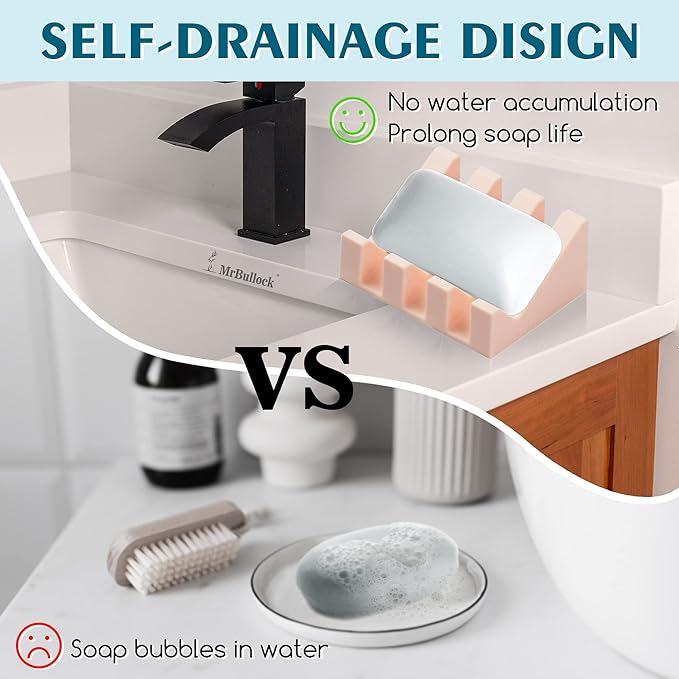 2 Pack Self Draining Silicone Soap Dish for Shower & Kitchen - Waterfall Bar Soap Holder Tray, Non-Slip Soap Saver Keeps Soap Dry, Easy to Clean, Extends Soap Life (White-Pink)