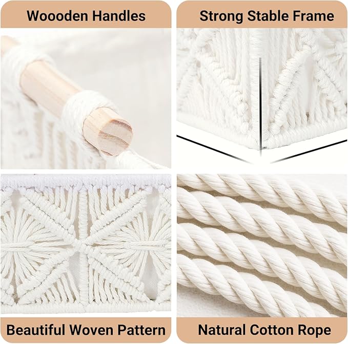 Nonam Macrame Storage Baskets, Boho Decor Style Woven Storage Boxes for Home Organization, Toilet Tank Shelf Cabinet Organizer Baskets,Set of 2 - White