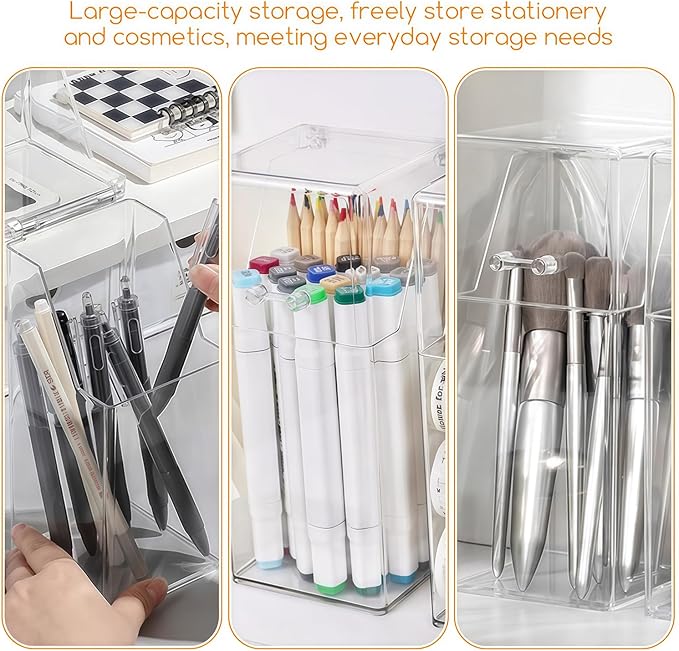 Square Acrylic Cosmetic Brush Organizer with Dustproof Lid, Clear, 9x9x21cm/3.5x3.5x8.3inch, 1pcs, Makeup Storage, Jewellery Storage Container
