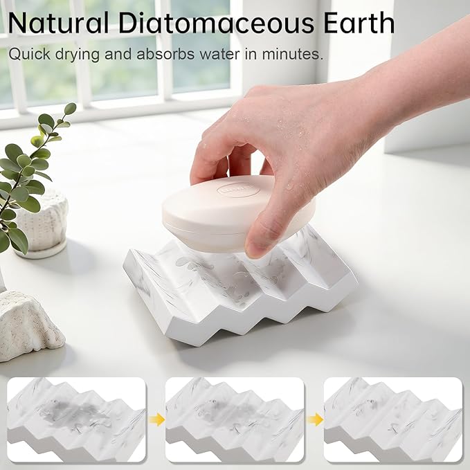 Self Draining Bar Soap Holder Diatomite Soap Dish Fast Drying Soap Saver Small Sponge Caddy for Shower, Bathroom, Kitchen Sink, Marble White