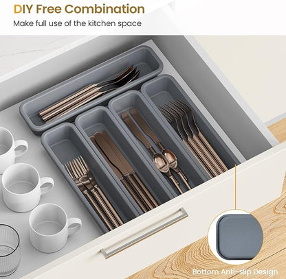 5 Pack Silicone Drawer Organizer for Kitchen, DIY Free Combination Silverware Organizer, Utensil Drawer Organizer, Moisture-proof and Heat-resistant up to 200°C, Anti-slip Design (Grey)