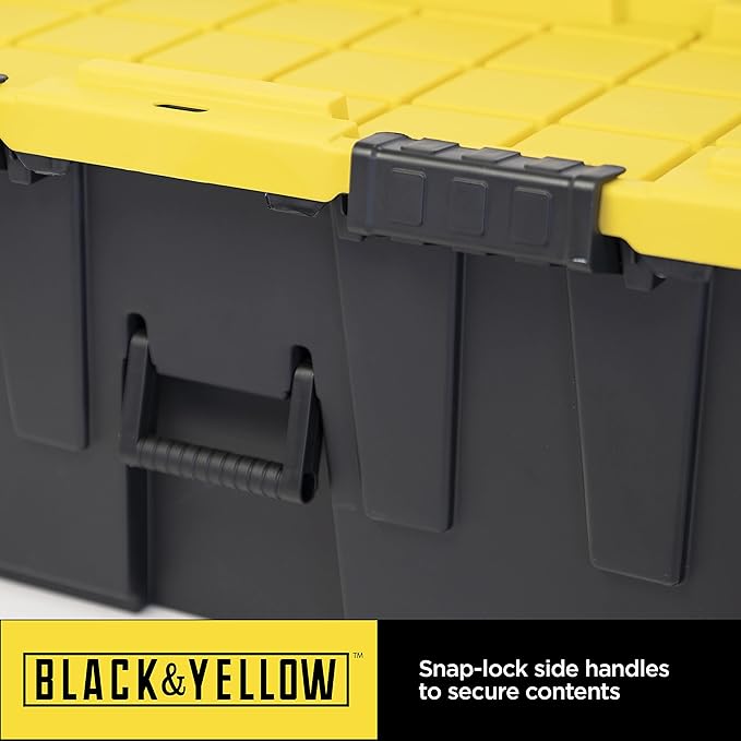 CX BLACK & YELLOW, 20-Gallon Heavy Duty Tough Storage Footlocker & Snap-Tight Lid, (13.4H x 18.2W x 32.3D), Weather-Resistant Design and Stackable Organization Tote [2 Pack]