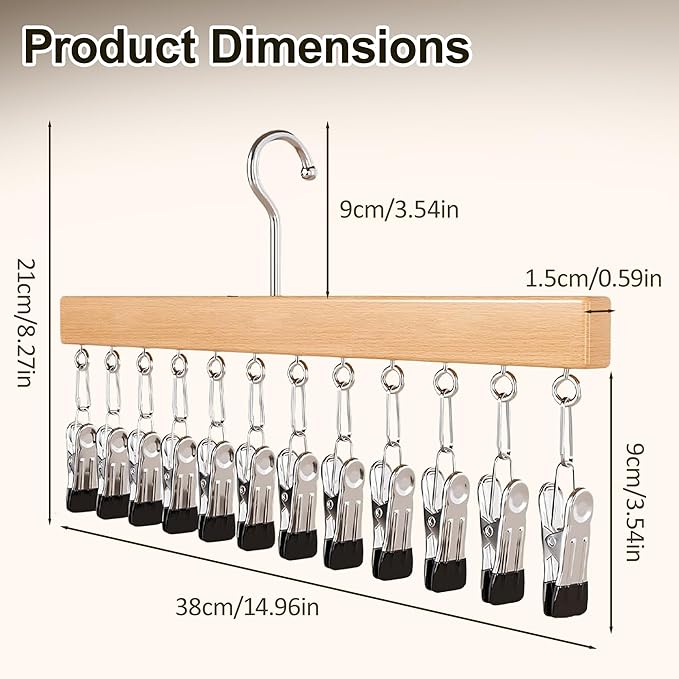 Closet Organizer with 12 Clips, 2026 New Space Saving Hanging Closet Organizer, Hat Scarf Clothespins for Legging Jeans Skirts Socks Pant Hangers (Wood-12 Clips, 1 Pcs)