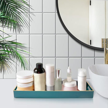 MAONAME Green Bathroom Tray, Plastic Vanity Tray, Narrow Countertop Trays with Handles, Perfume Organizer Trays for Dresser, Bathroom Accessories, 13.8" x 6" x 1.57"