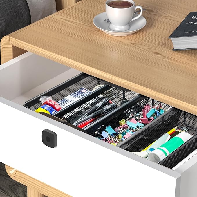 4PCS Drawer Organizer for Kitchen,Utensil Mesh Drawer Organizer with Interlocking Arm for Cosmetic,Flatware,Pen (9 * 3 * 2 Inches,Black)