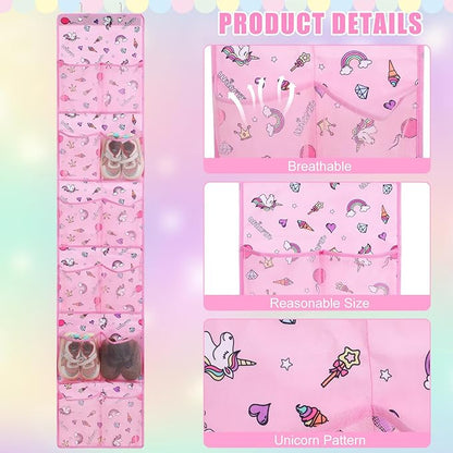 Windyun 2 Pcs Kids over The Door Shoe Organizer 24 Pockets Unicorn Baby Water Bottle Organizer Rack Hanging Girls Pink Shoe Storage for School Door Closet Bedroom Wall