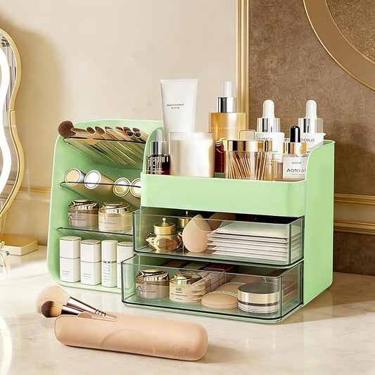Makeup Organizer Countertop with Drawers, Cosmetic Organizer with Travel Makeup Brush Holder, Skincare Organizer & Storage with Drawers for Bathroom, Beauty Essentials, Eyeshadow (green)