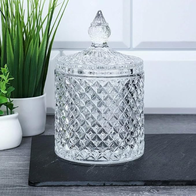 Clear Glass Jar with Lid – Qtip Holder, Cotton Ball Storage for Bathroom & Vanity, Crystal Glass, Candy Jar, Sugar Cube Storage for Kitchen Organizer, Home Decorative, Wedding Gift, Holiday Present
