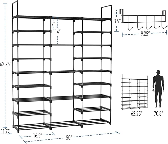 9 Tier Shoe Rack Shoe Storage Organizer Large Shoe Shelf for Entryway with Side Hooks, 50-55 Pairs Metal Shoe Racks Shoe and Boots Shelf for Closet