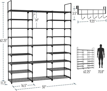9 Tier Shoe Rack Shoe Storage Organizer Large Shoe Shelf for Entryway with Side Hooks, 50-55 Pairs Metal Shoe Racks Shoe and Boots Shelf for Closet