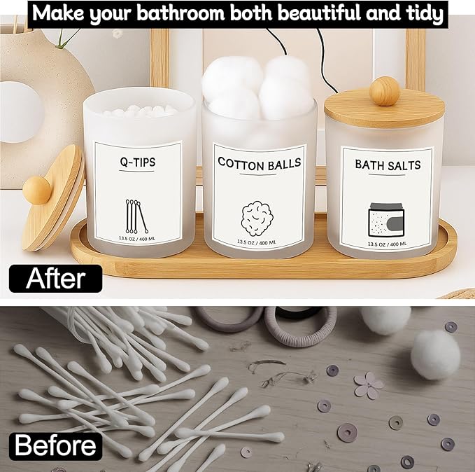 3Pack Glass Qtip Holder with Bamboo Tray, Cotton Ball Holder, 13.5 oz Apothecary Jars Bathroom Canisters with Lids, Bathroom Jars for Floss Picks, Cotton Swabs, Balls, Pads (Frosted)