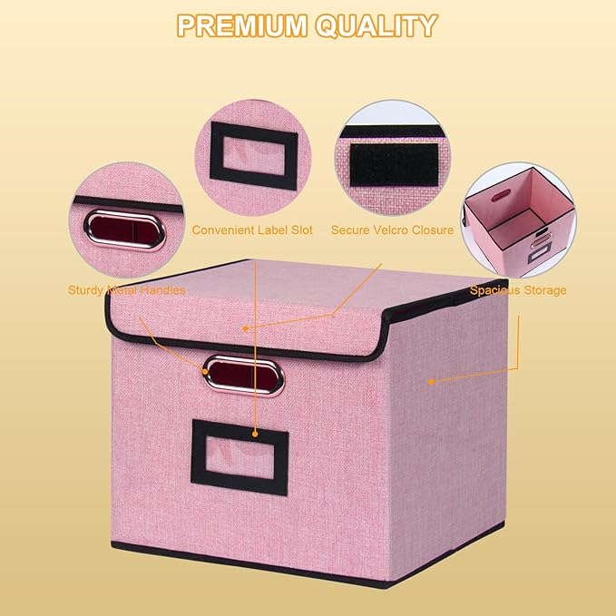 Large Square Storage Bin with Lid, Foldable Organizer Box with Handles & Label Design, for Office, Closet, Home, Documents, Pink, 12.20 x 10.63 x 10.63 Inches, 4 Pack