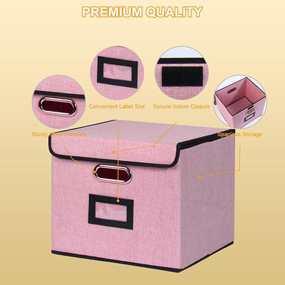 Large Square Storage Bin with Lid, Foldable Organizer Box with Handles & Label Design, for Office, Closet, Home, Documents, Pink, 12.20 x 10.63 x 10.63 Inches, 4 Pack