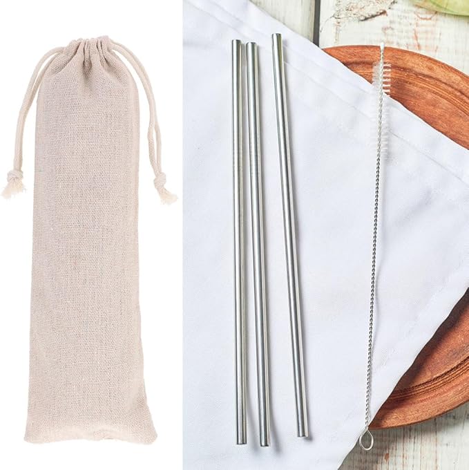 BESTonZON Straw Carrying Case Cotton Linen Pouch with Drawstring Closure Portable Organizer for Reusable Straws Forks Spoons Storage Travel Bag