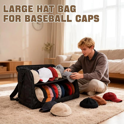 Gugxiom Large Hat Bag for Baseball Caps, Portable Hat Carrier Holder Case for 24 Caps，Black Hat Storage Bag for Travel,Business Trips，Home Organisation and Moving House