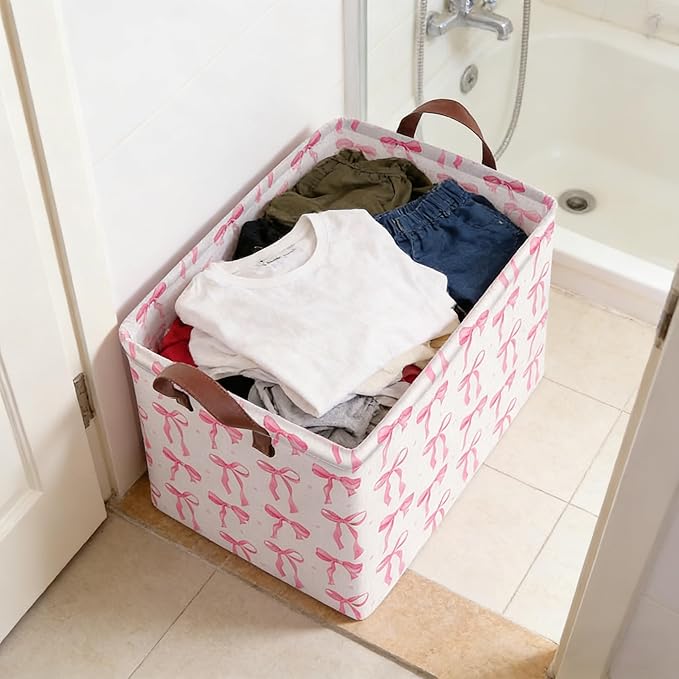 1PC 22L Pink Bow Storage Basket, Waterproof Canvas Organizer, Collapsible Decorative Bin with Handles for Bedroom Closet Toys Clothes Gift
