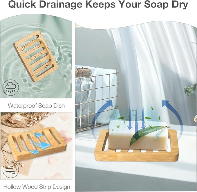 Natural Bamboo Soap Dish and Holder Elegant Design Self Draining Soap Tray for Shower Bar Soap Holder Perfect for Bathroom Sink and Kitchen